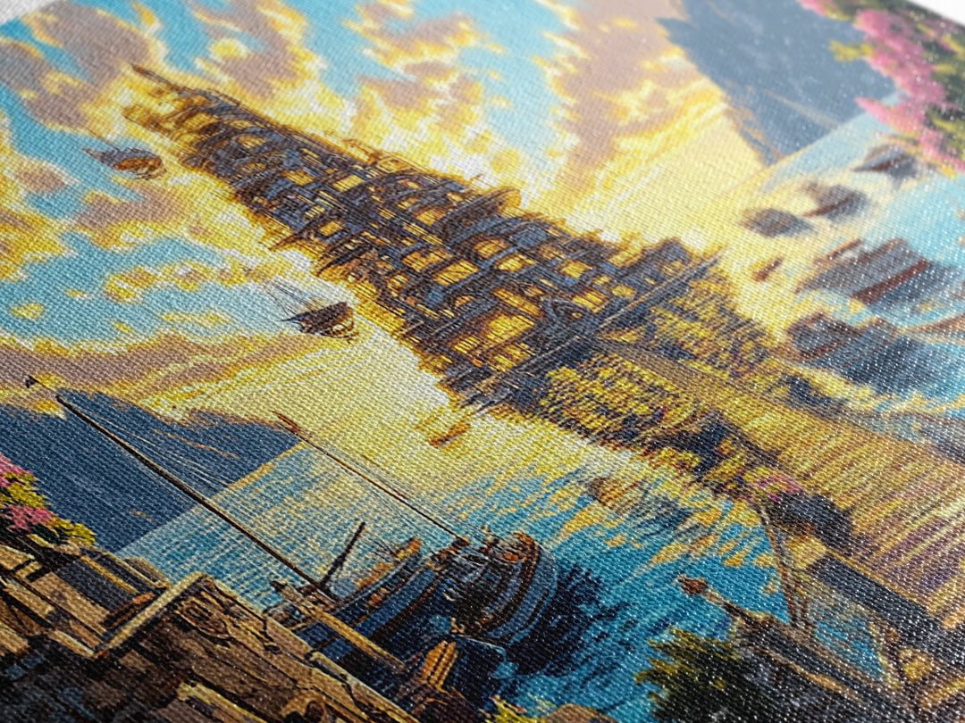 Golden Floating Temple At Sunset Wall Art, Fantasy Coastal Landscape Canvas, Dreamy Ocean Decor, Large Living Room Art Print