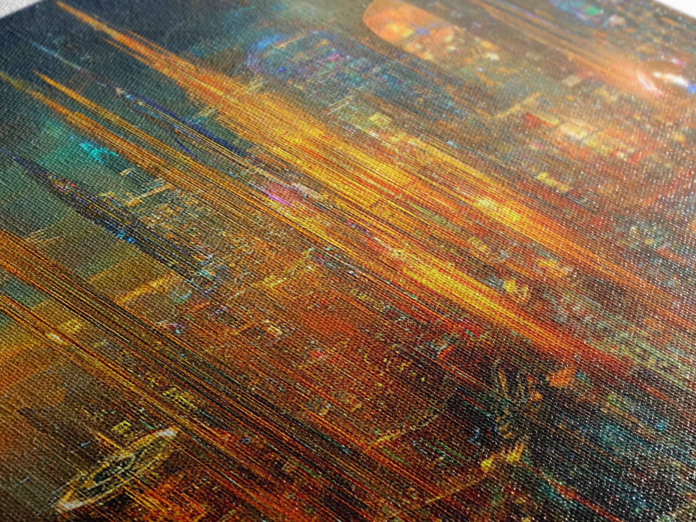 Radiant Futuristic City Skyline Wall Art, Cyberpunk Canvas Print, Sci Fi Urban Decor, Large Modern Office Wall Decor Art