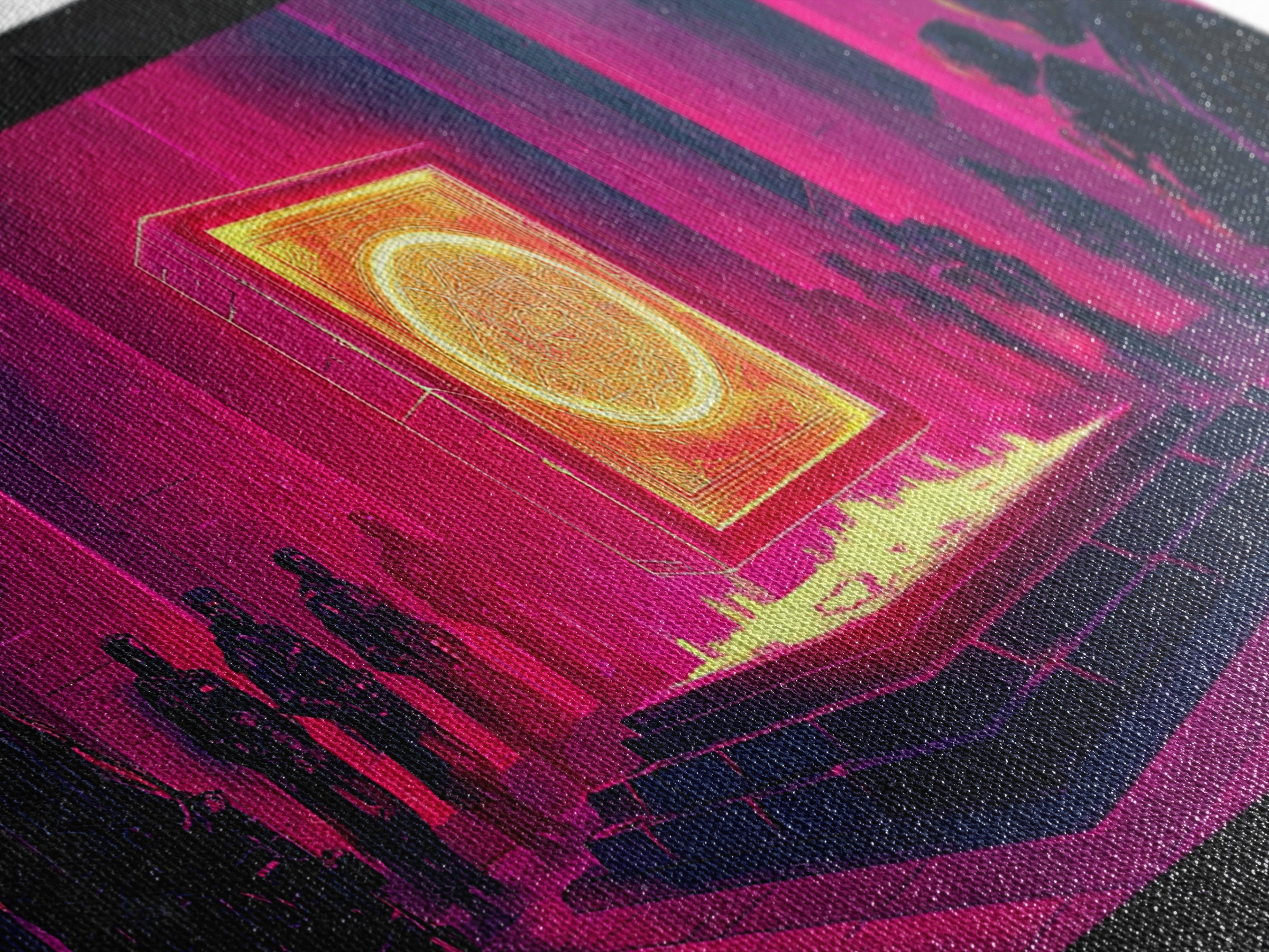 Neon Magenta Monolith Ritual Framed Canvas Print, Cyberpunk Wall Art, Sci Fi Decor, Dark Moody Futuristic Gallery Room Poster