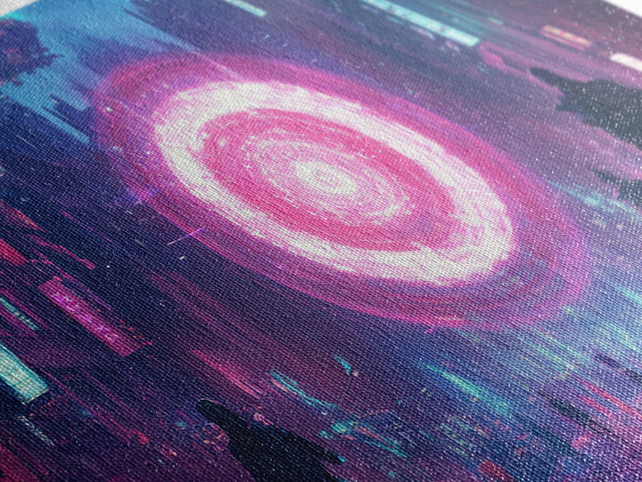 Neon Pink Portal In Rainy Cyberpunk Megacity Canvas Print, Futuristic Wall Art For Gaming Room Decor And Sci Fi Gift For Him