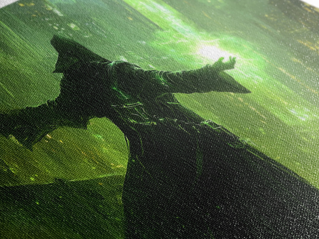 Emerald Dark Sorcerer Canvas Print, Fantasy Wall Art, Green Sci Fi Cityscape, Gothic Office Decor And Gaming Room Art For Him