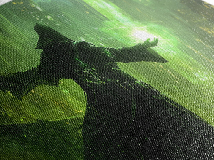 Emerald Dark Sorcerer Canvas Print, Fantasy Wall Art, Green Sci Fi Cityscape, Gothic Office Decor And Gaming Room Art For Him