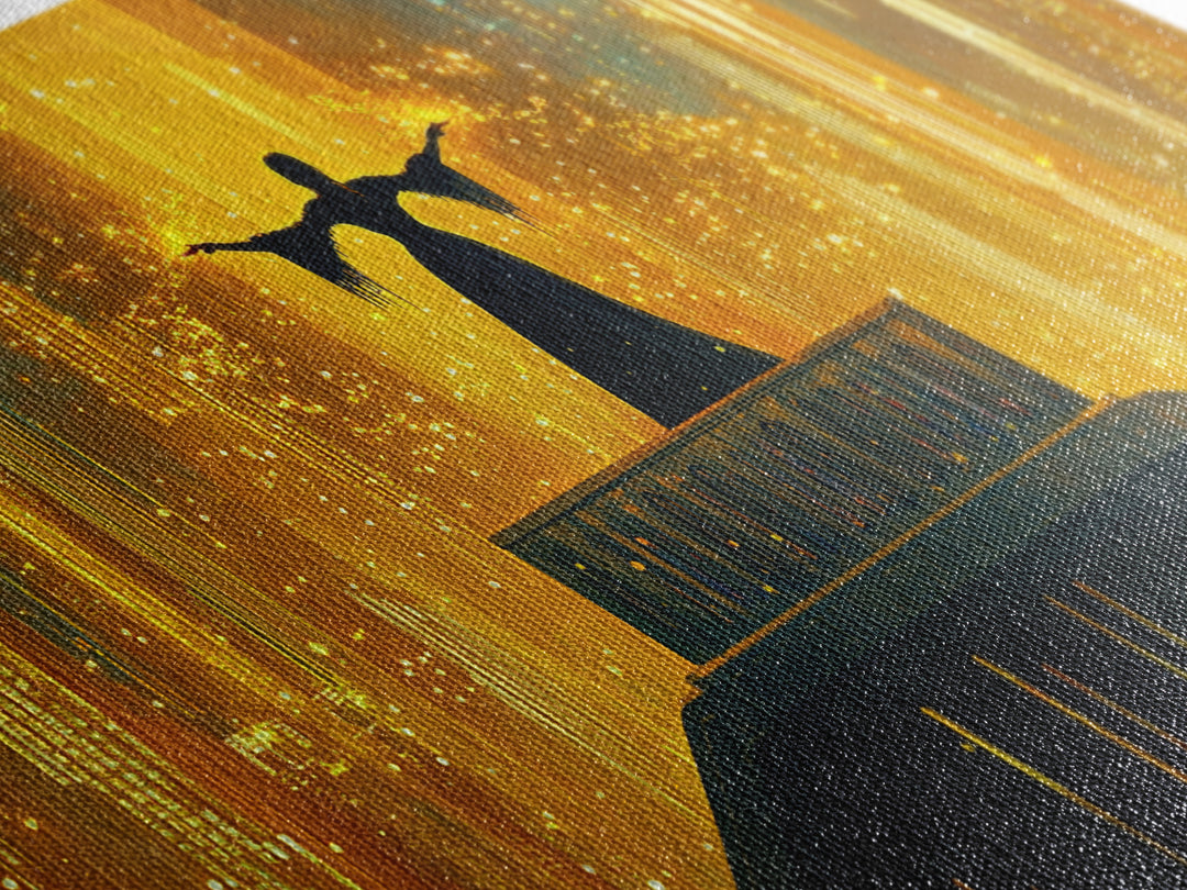 Golden Futuristic City Silhouette Canvas Print, Sci Fi Wall Art, Cyberpunk Skyline Decor, Neon Fantasy Living Room Art Poster