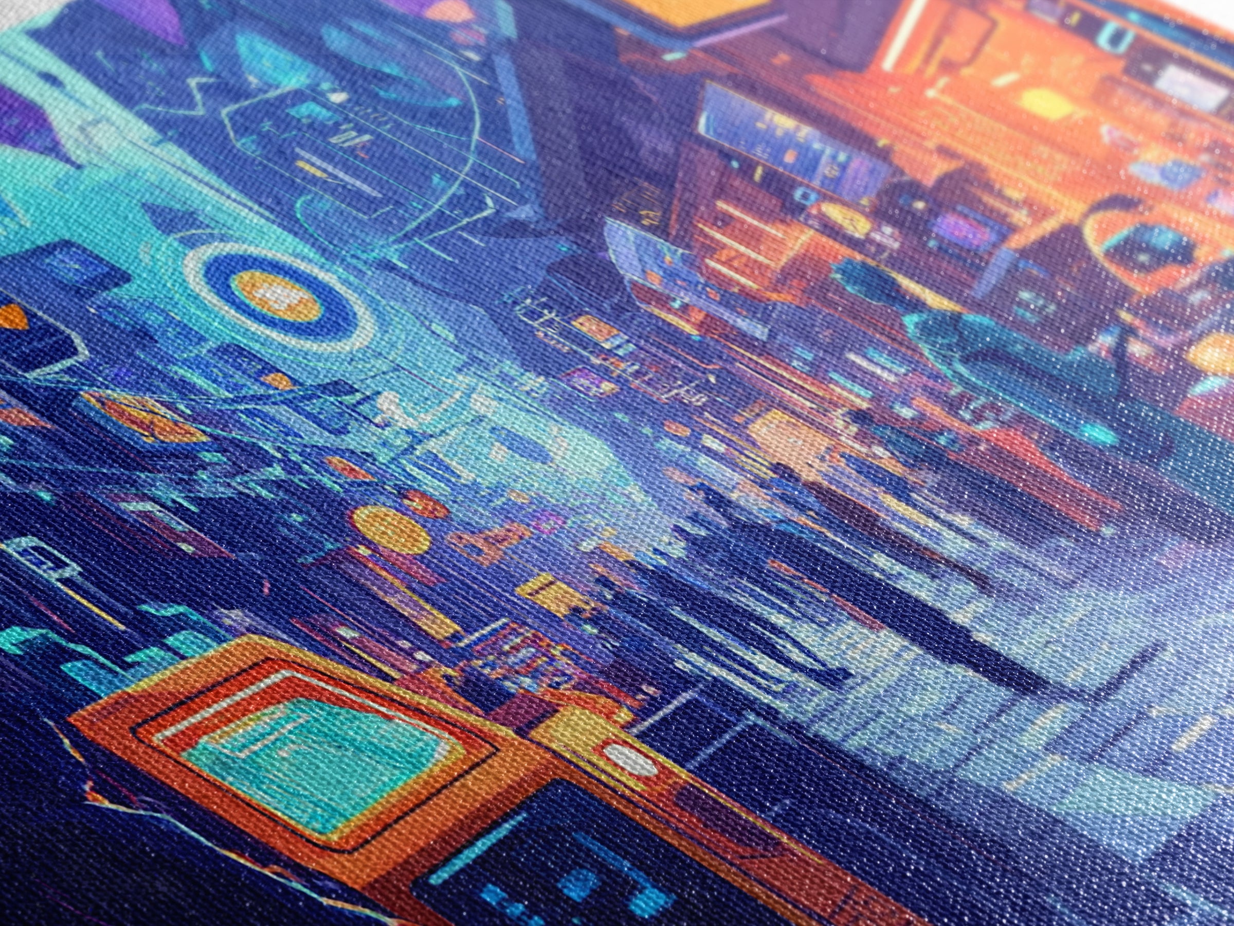 Neon Cyberpunk Market Arcade Wall Art, Futuristic City Canvas Print, Modern Gamer Room Decor, Sci Fi Urban Street Poster