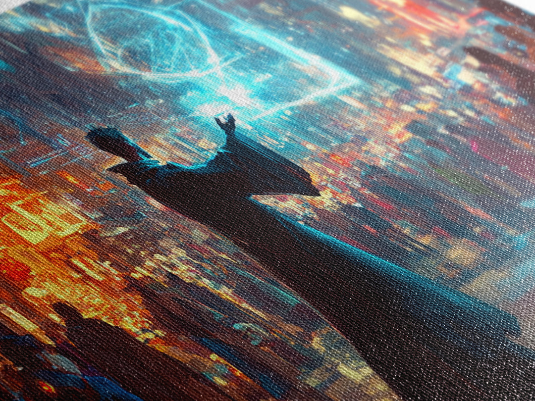 Wizard Casting Hologram In Neon City Wall Art, Cyberpunk Fantasy Canvas Print, Sci Fi Poster, Futuristic Modern Office Decor