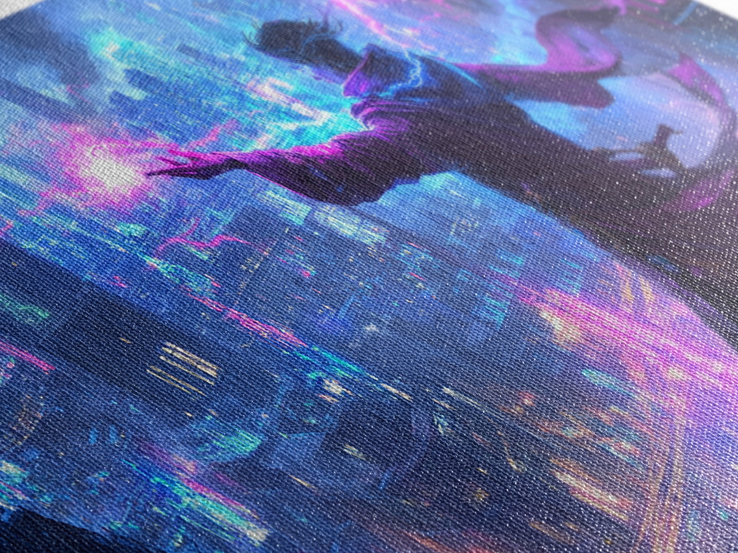 Mage Casting Neon Lightning Over City Wall Art, Cyberpunk Fantasy Canvas Print, Futuristic Skyline, Sci Fi Gamer Room Decor