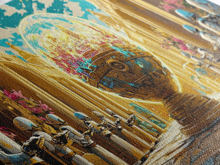 Golden Orb Palace With Futuristic Guards Wall Art, Sci Fi Fantasy Canvas Print, Maximalist Cityscape, Unique Art Home Decor