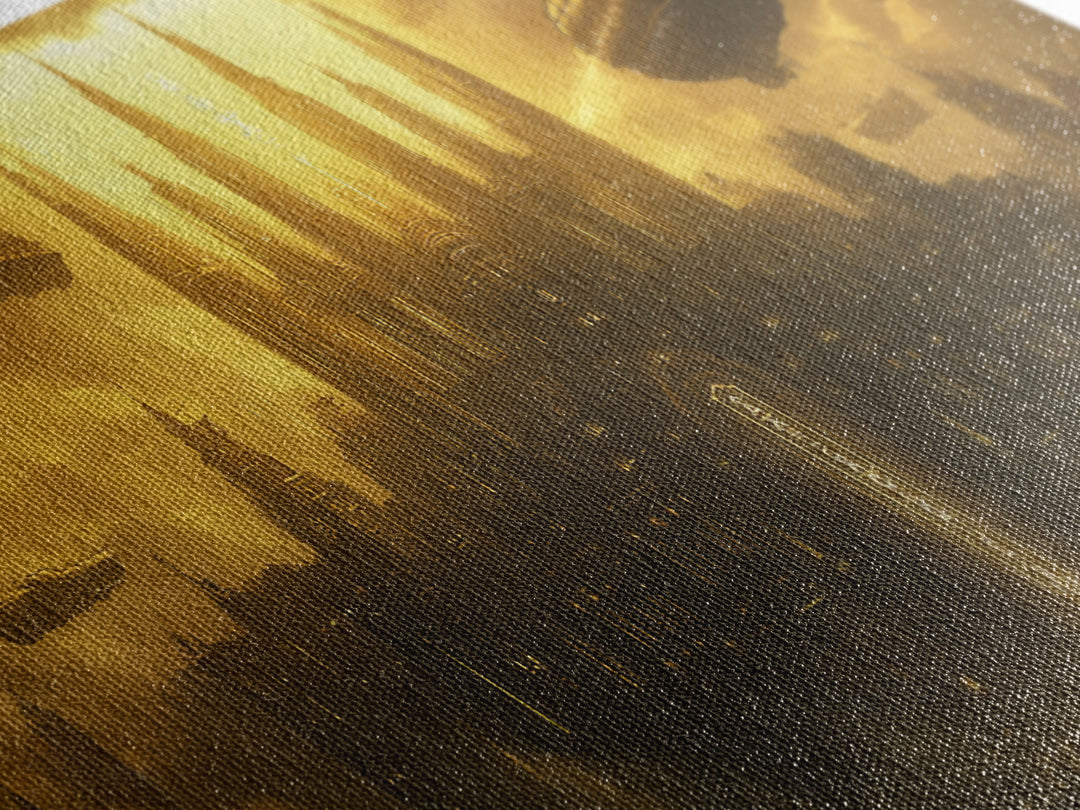 Dark Golden Sky Cathedral With Airships Wall Art, Gothic Fantasy Canvas Print, Moody Office Decor, Steampunk Home Decor Gift