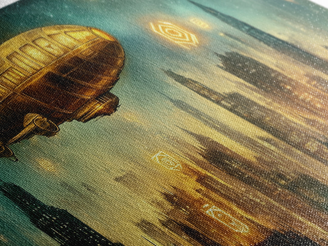 Golden Retro Airship Above Futuristic City Wall Art, Sci Fi Canvas Print, Cyberpunk Decor, Modern Office Wall Art Gift For Him