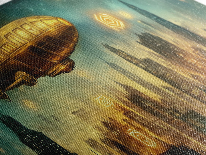 Golden Retro Airship Above Futuristic City Wall Art, Sci Fi Canvas Print, Cyberpunk Decor, Modern Office Wall Art Gift For Him