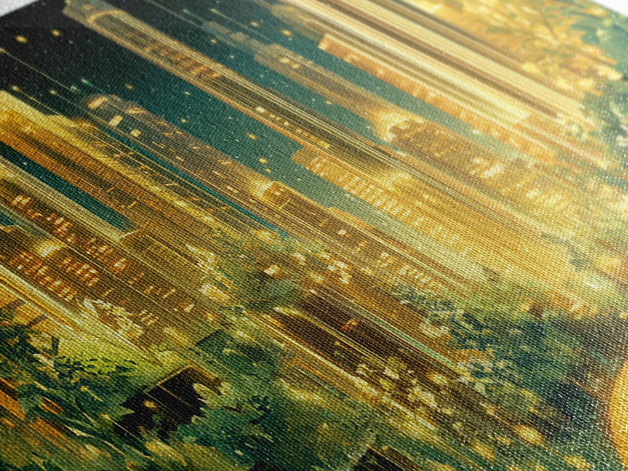 Luminous Garden Skyline In Golden Futuristic City Wall Art, Modern Canvas Print, Green Wall Decor, Home Office Decor Gift