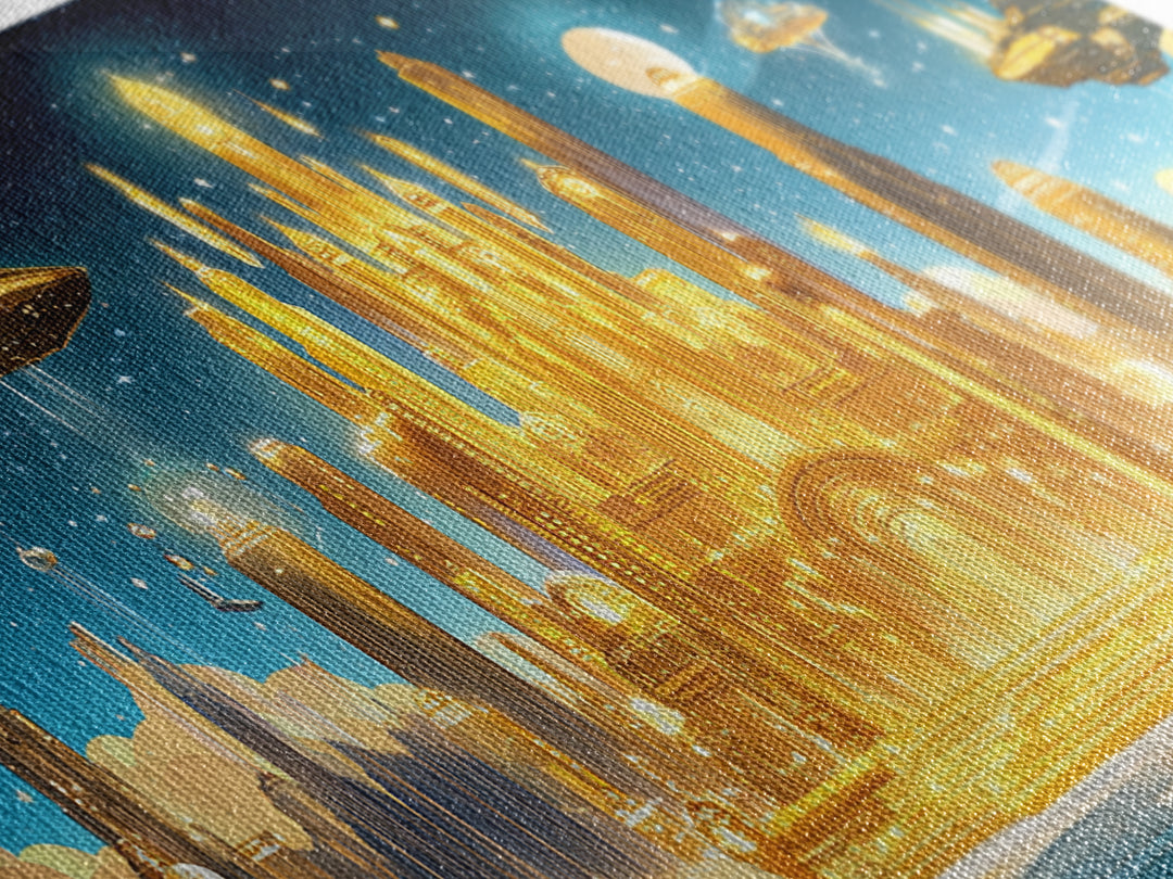 Radiant Golden Sci Fi Citadel Beneath Moonlit Sky Wall Art, Futuristic Canvas Print, Space Decor, Statement Wall Art Gift