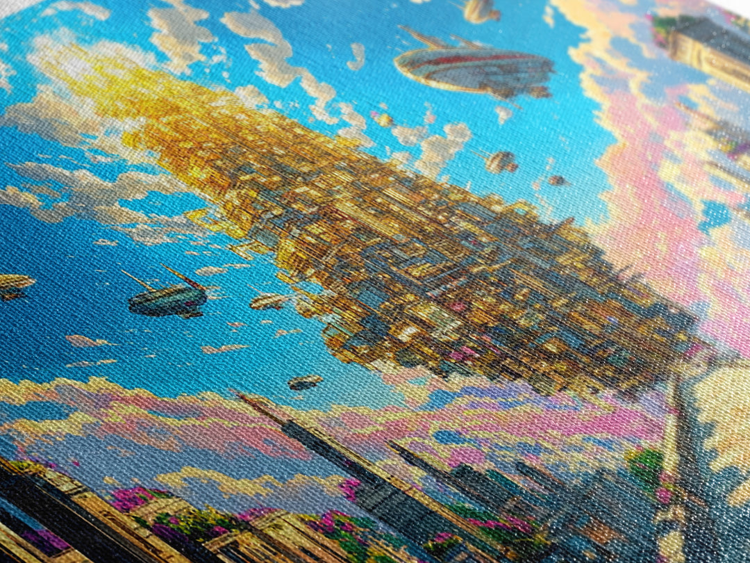 Floating Golden Pyramid City Above Ancient Ruins Wall Art, Fantasy Canvas Print, Surreal Landscape Art, Large Wall Decor