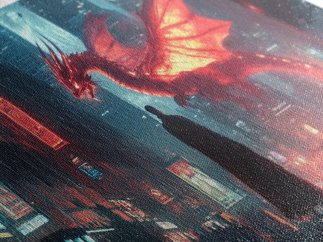 Neon Cyberpunk Dragon City Wall Art, Futuristic Sci Fi Fantasy Poster, Gaming Room Decor, Dystopian Urban Canvas Print Gift
