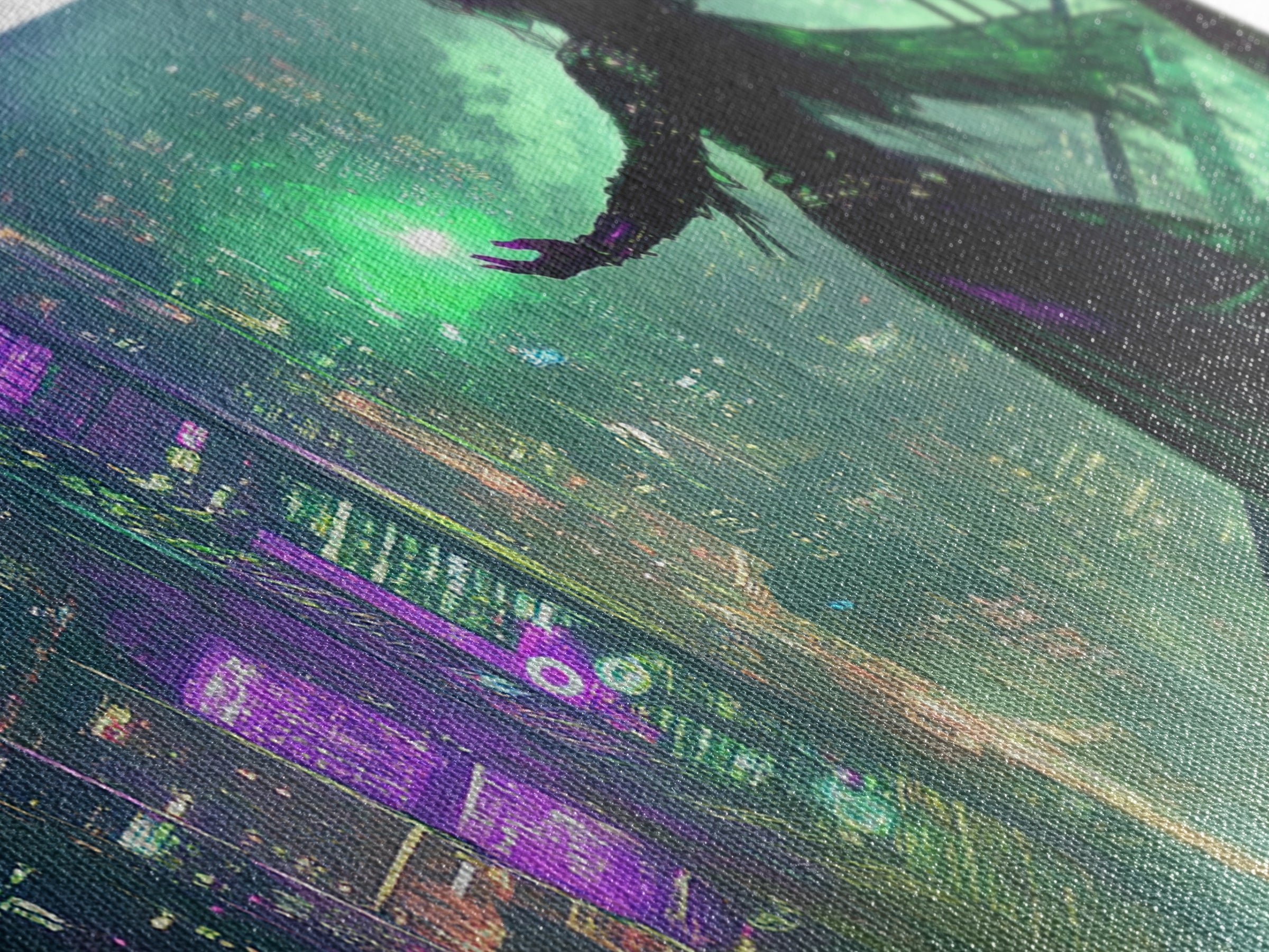 Neon Sorceress Over Cyberpunk Skyline Canvas Print, Futuristic Wall Art, Sci Fi Fantasy Decor, Unique Gaming Room Gift For Her