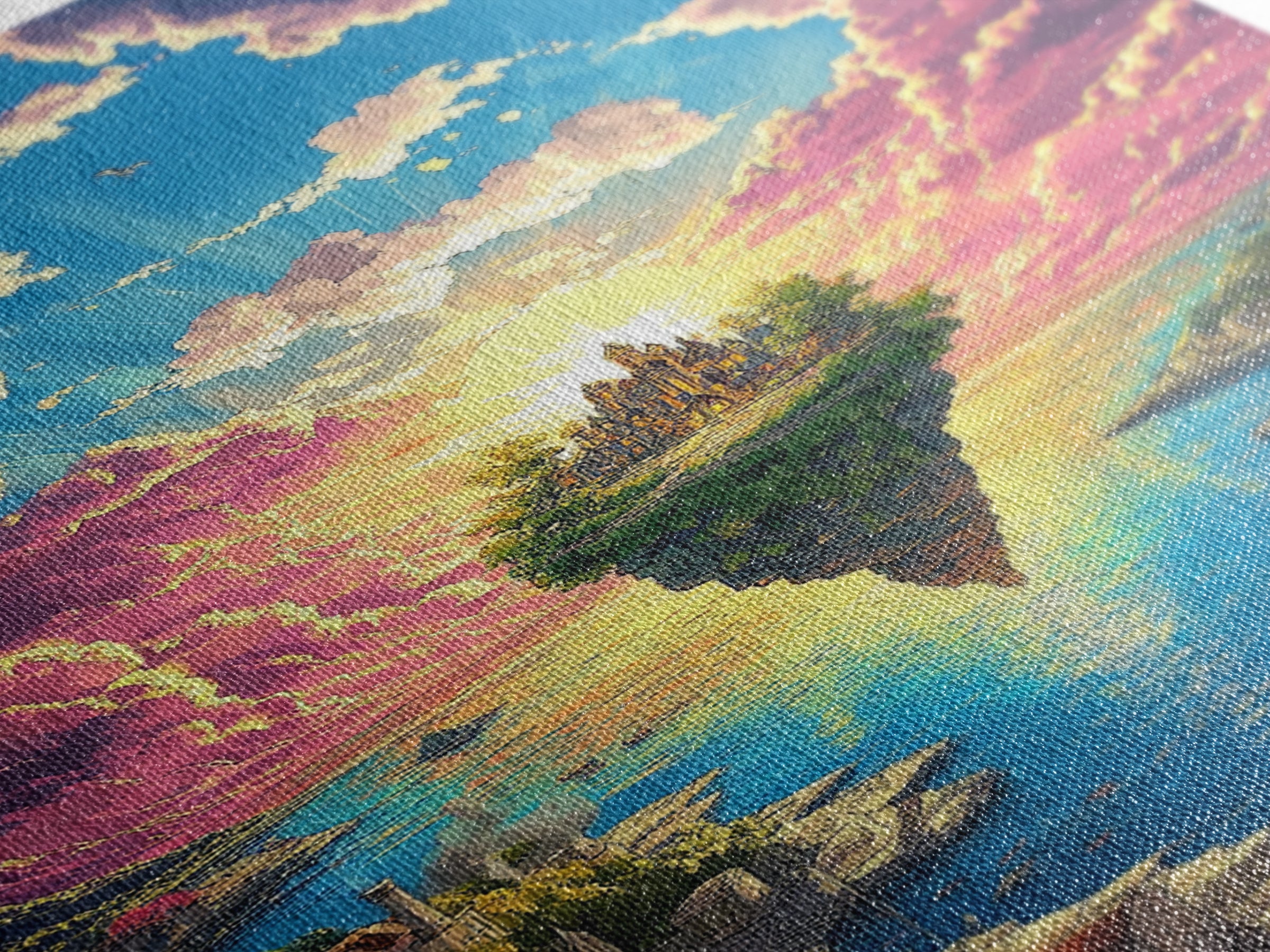 Floating Island Castle At Sunrise, Fantasy Canvas Print, Coastal Landscape Wall Decor, Whimsical Living Room Art Gift Idea
