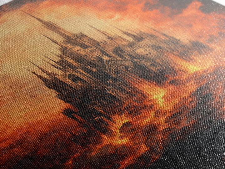 Fiery Gothic Cathedral In Storm Clouds, Dark Fantasy Canvas Print, Moody Wall Art, Gothic Dark Academia Home Decor Gift For Him