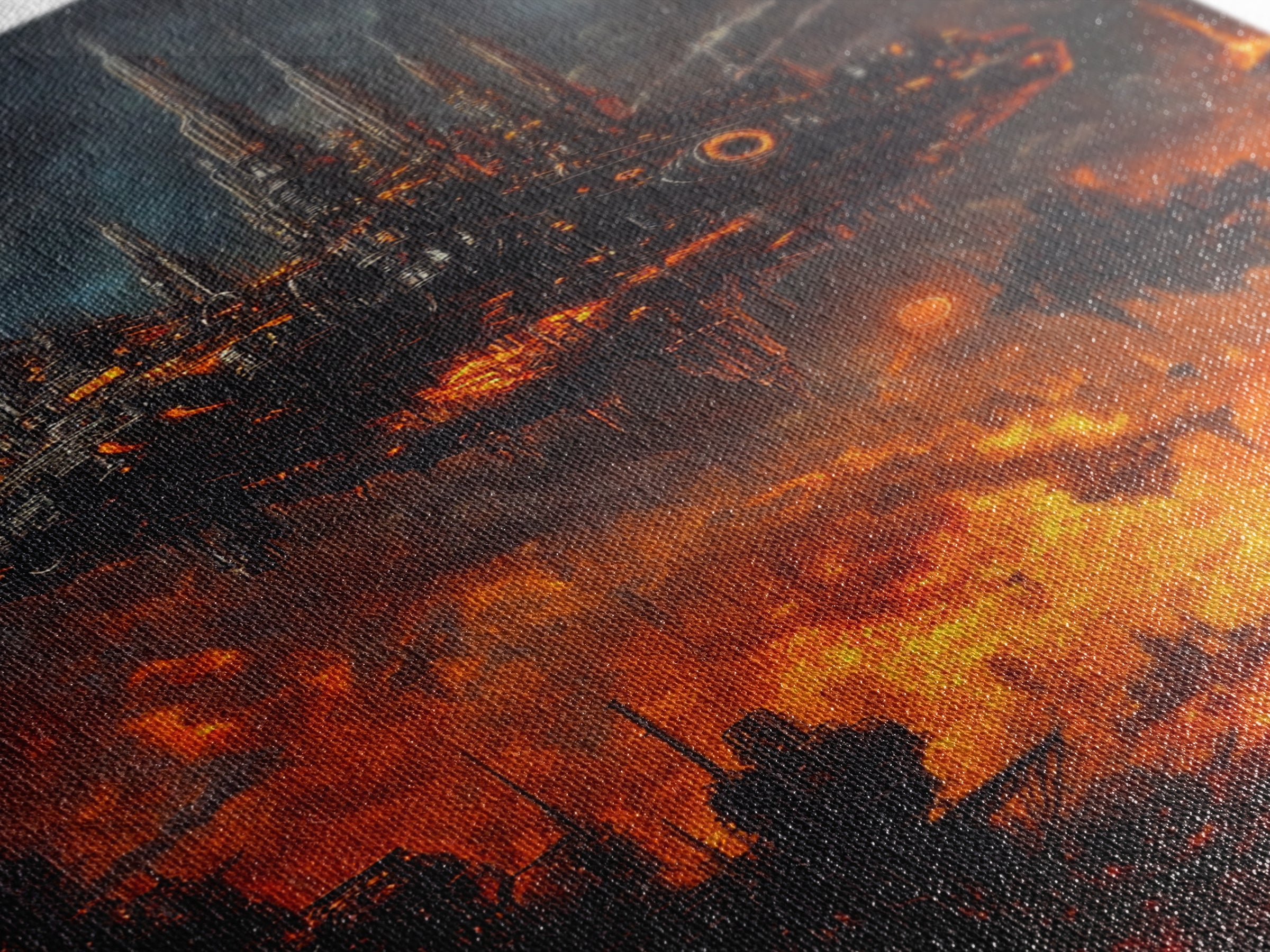 Fiery Dystopian Floating City Framed Canvas Print, Cyberpunk Wall Art, Dark Sci Fi Decor, Apocalyptic Fantasy Art, Poster