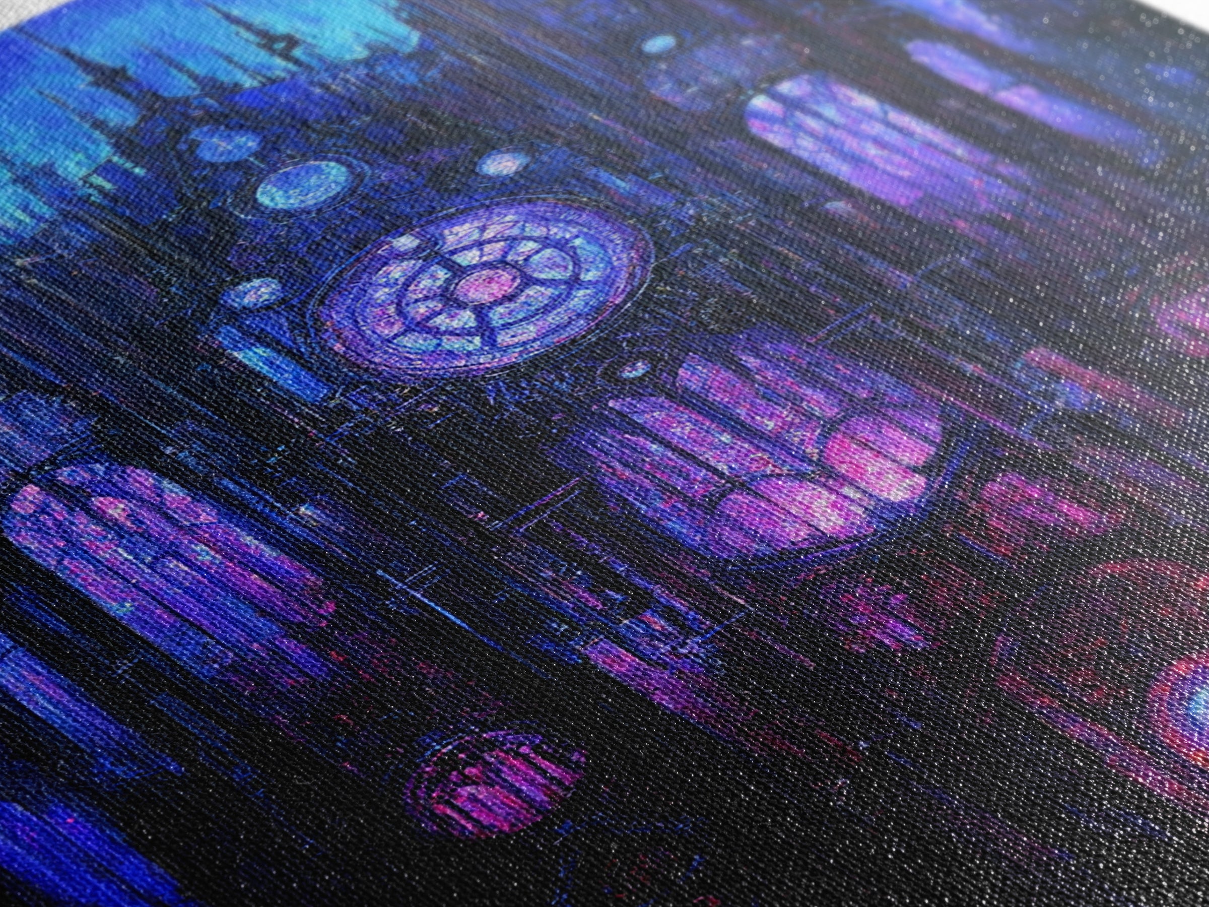 Blue Gothic Clockwork Cathedral Canvas Print, Dark Academia Wall Art, Purple Stained Glass Decor, Moody Fantasy Art Poster