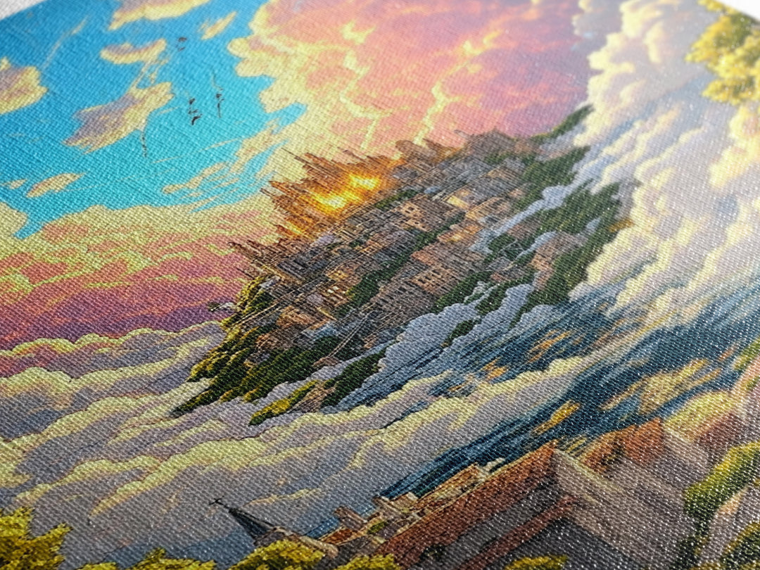 Heavenly Cloud City Above Coastal Village Canvas Print, Fantasy Wall Art, Colorful Landscape Decor, Dreamy Sunlit Poster