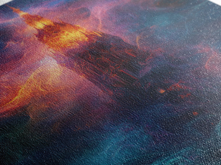 Fiery Gothic Tower Framed Canvas Print, Dark Fantasy Abstract Art, Moody Surreal Wall Decor For Office And Living Room Art
