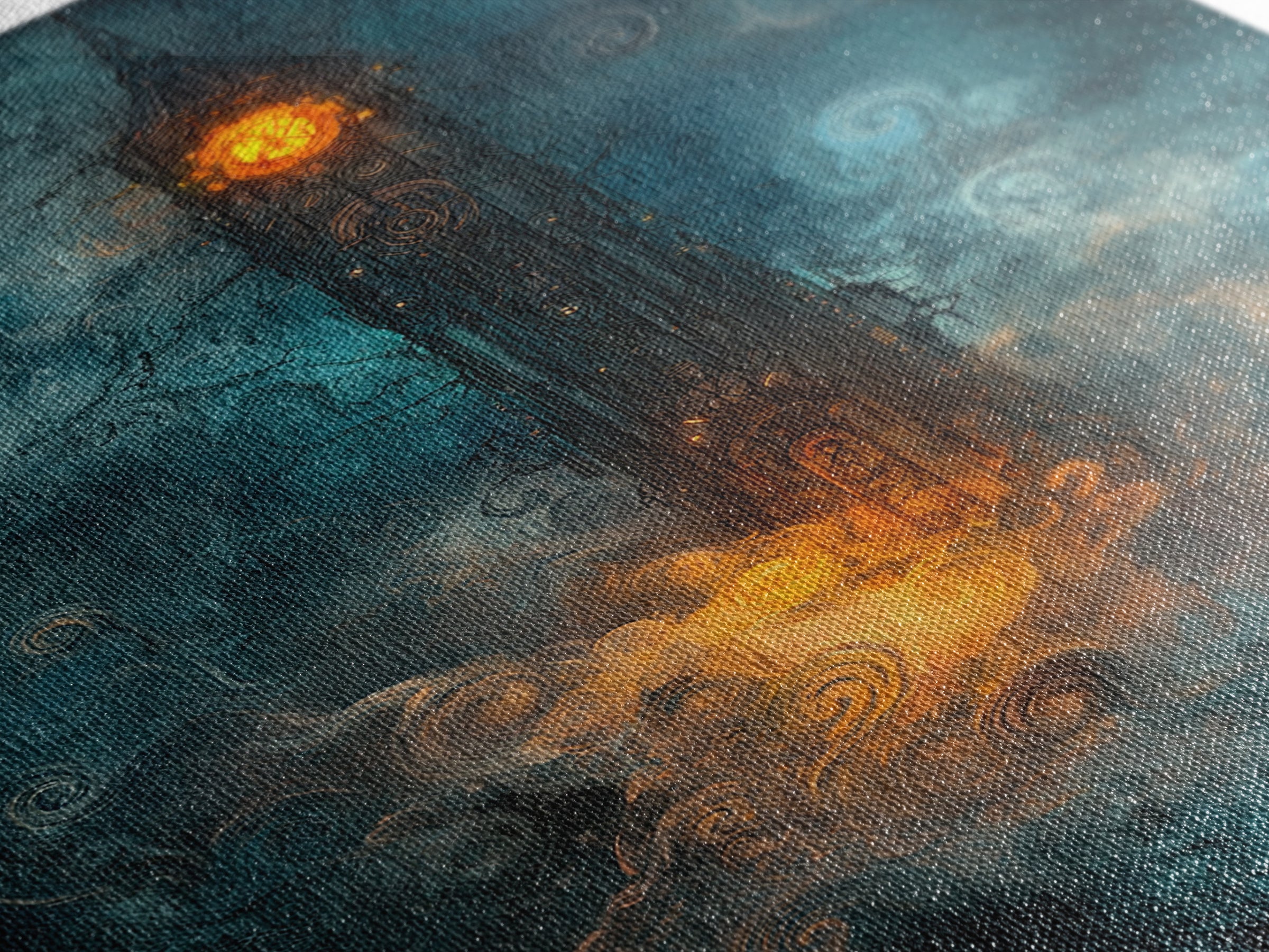 Dark Clock Tower In Teal Fog Wall Art, Gothic Fantasy Castle Canvas, Moody Steampunk Decor, Surreal Large Print, Living Room Wall Decor