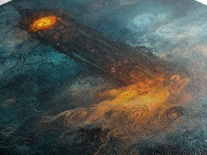 Dark Clock Tower In Teal Fog Wall Art, Gothic Fantasy Castle Canvas, Moody Steampunk Decor, Surreal Large Print, Living Room Wall Decor