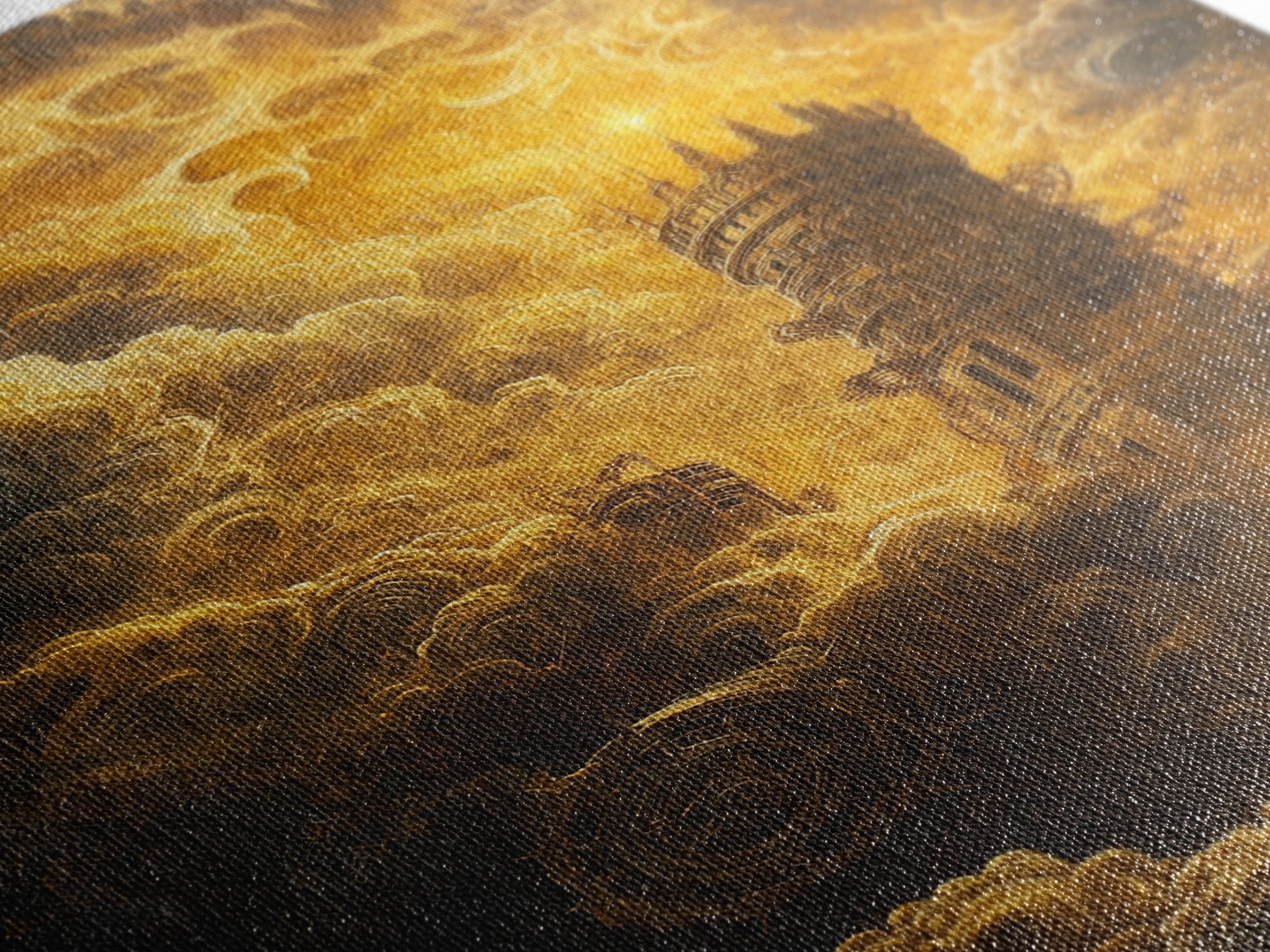 Golden Celestial Tower In Storm Clouds Canvas Print, Dark Fantasy Wall Art, Steampunk Castle, Gothic Living Room Decor Print