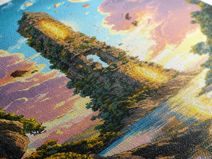 Sunlit Ruined Tower With Golden Portal Canvas Print, Fantasy River Landscape Art, Vibrant Coastal Wall Decor, Magical Home Decor