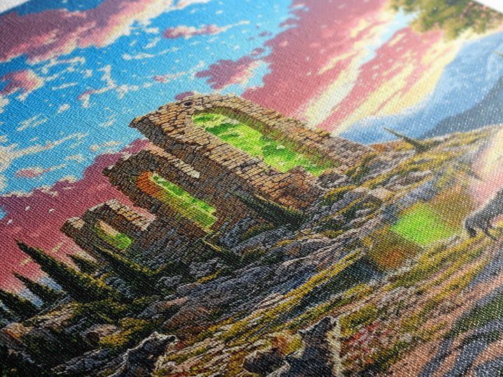 Sunset Stone Ruins With Green Portal Canvas Print, Fantasy Mountain Landscape Wall Art, Vibrant Nature Decor, Whimsical Goat Art
