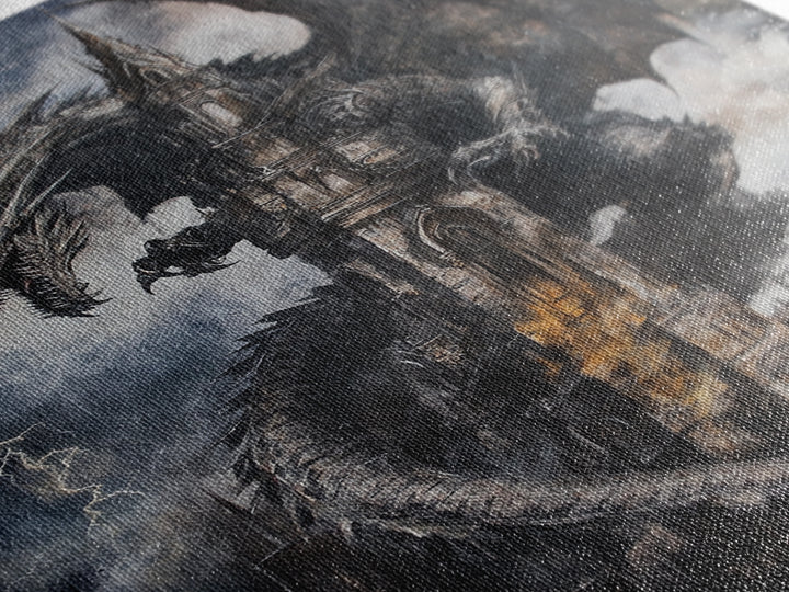 Dark Storm Dragon Cathedral Wall Art, Gothic Fantasy Castle Canvas, Lightning Dragon Print, Moody Medieval Home Decor Gift