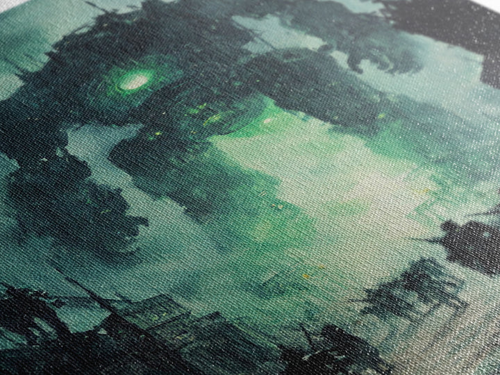 Green Glow Giant Robot Wall Art, Dark Sci Fi Dystopian City Canvas, Futuristic Mech Print, Gaming Room Decor Gift For Him