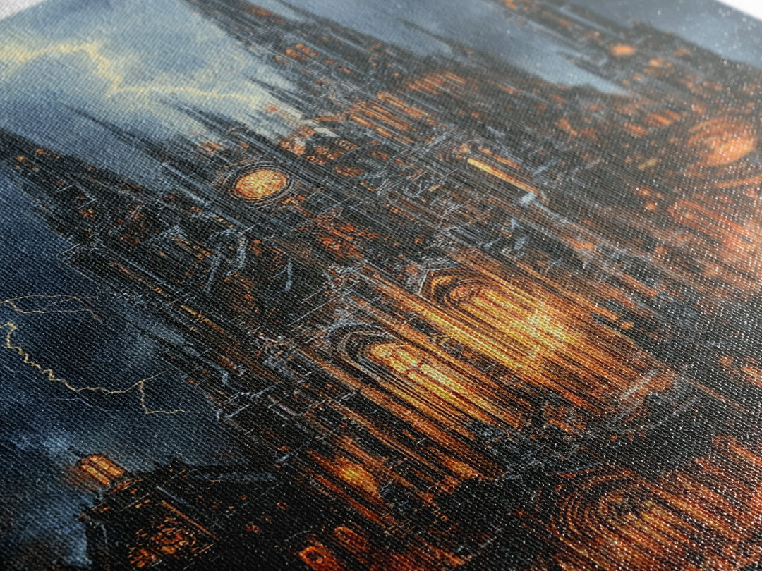 Stormy Gothic Cathedral With Orange Glow Framed Canvas Print, Dark Academia Wall Art, Moody Office Decor, Fantasy Art, Gift