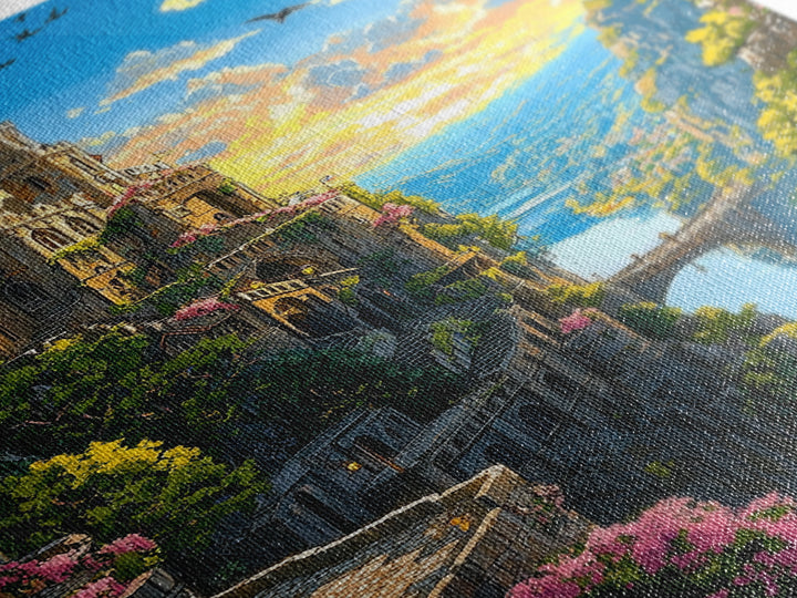 Cliffside Castle Garden Over Blue Valley Wall Art, Fantasy Landscape Print, Colorful Home Decor, Large Living Room Art, Gift