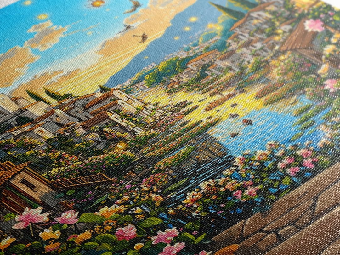 Sunlit Fantasy Village Canal With Flowers Canvas Print, Mediterranean Castle Wall Art For Living Room Decor Housewarming Gift