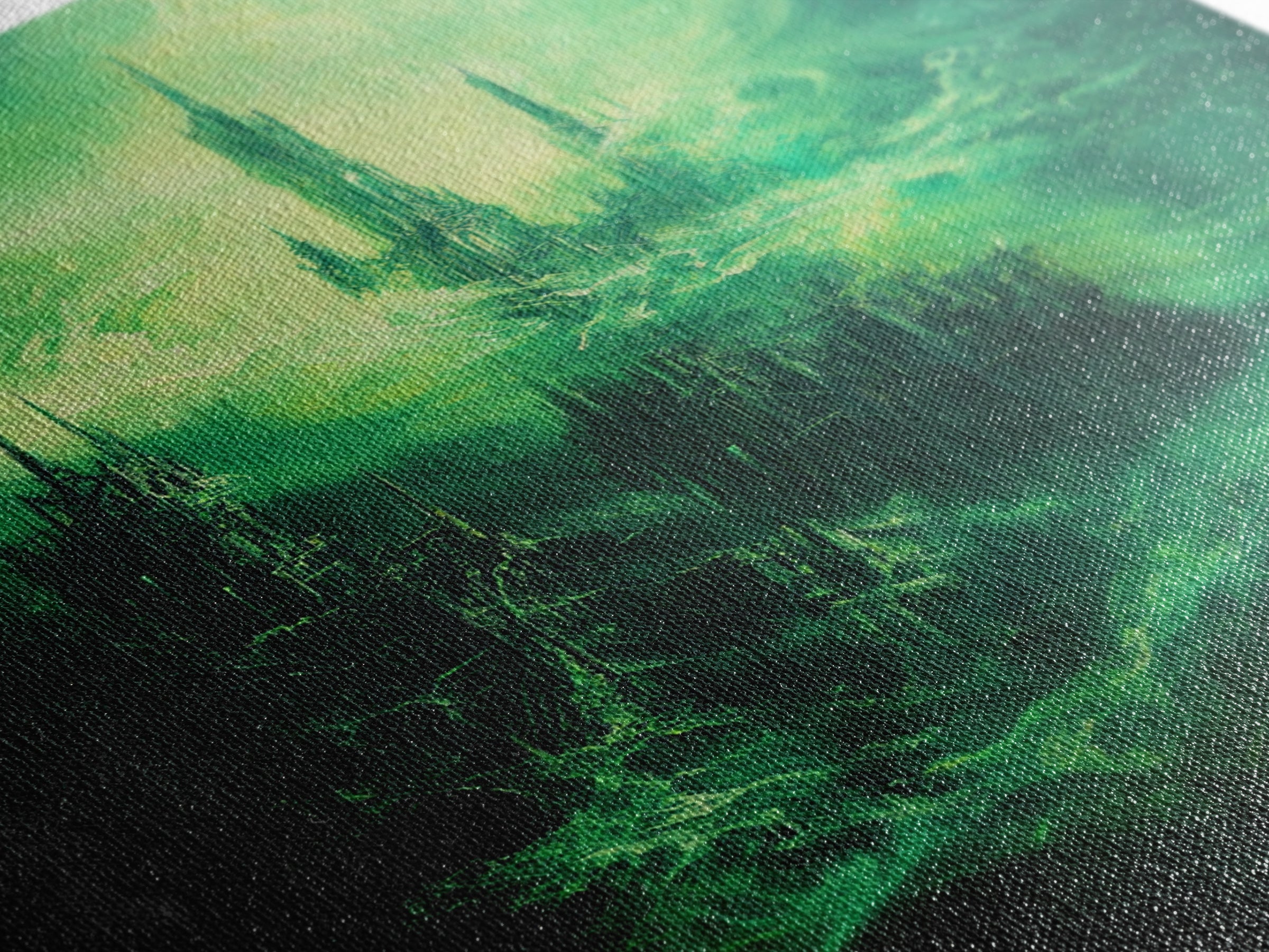 Emerald Gothic Floating Castle Large Canvas Print, Dark Fantasy Wall Art, Surreal Green Cityscape, Moody Home Decor Gift
