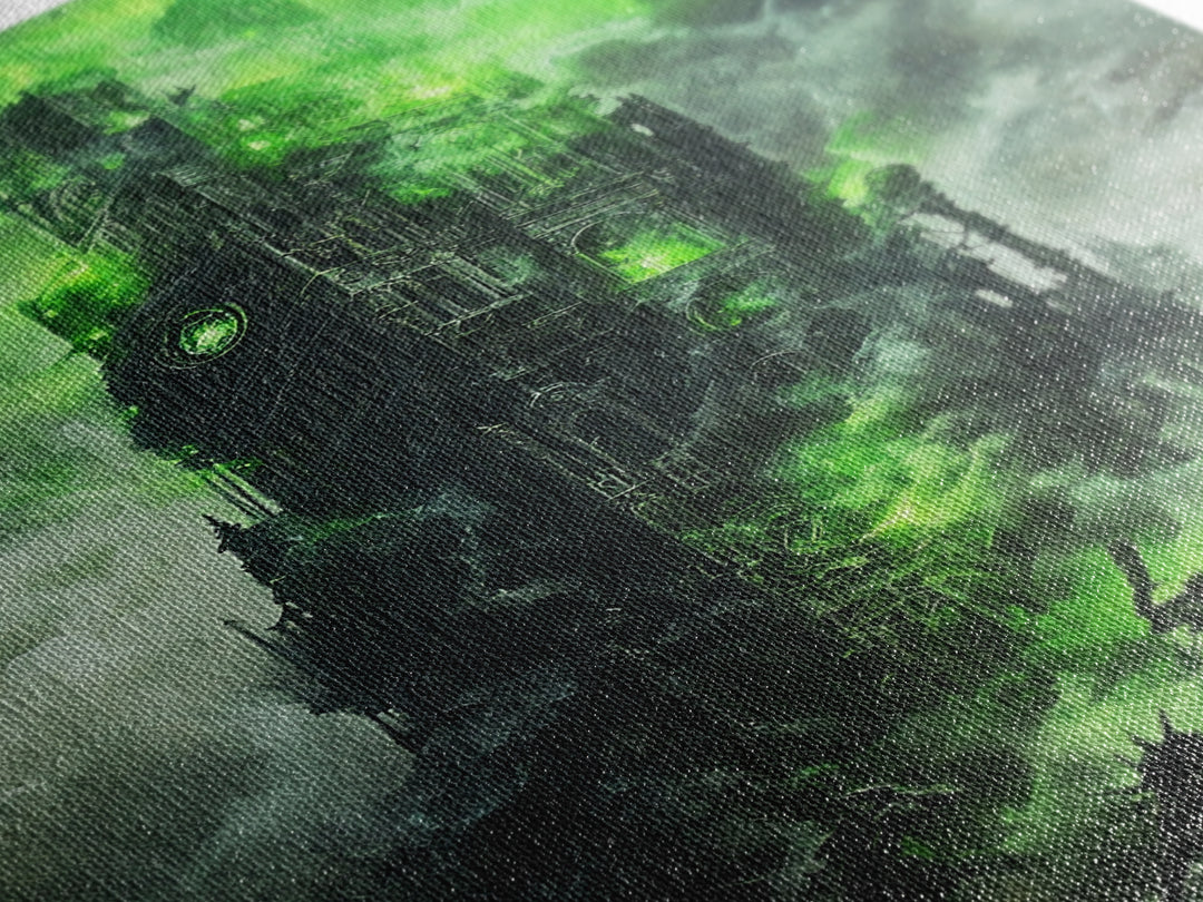 Haunted Green Fortress Canvas Print, Dark Fantasy Wall Art, Gothic Castle, Surreal Art, Moody Wall Decor, Gaming Room Art