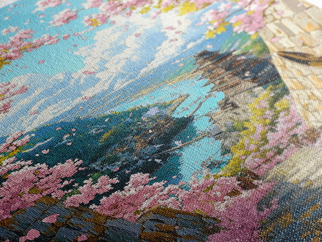 Cherry Blossom Pagoda Stairway Canvas Print, Japanese Wall Art, Samurai Decor, Spring Landscape, Zen Home Decor, Living Room Decor