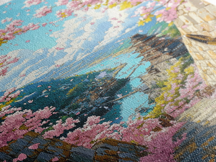 Cherry Blossom Pagoda Stairway Canvas Print, Japanese Wall Art, Samurai Decor, Spring Landscape, Zen Home Decor, Living Room Decor
