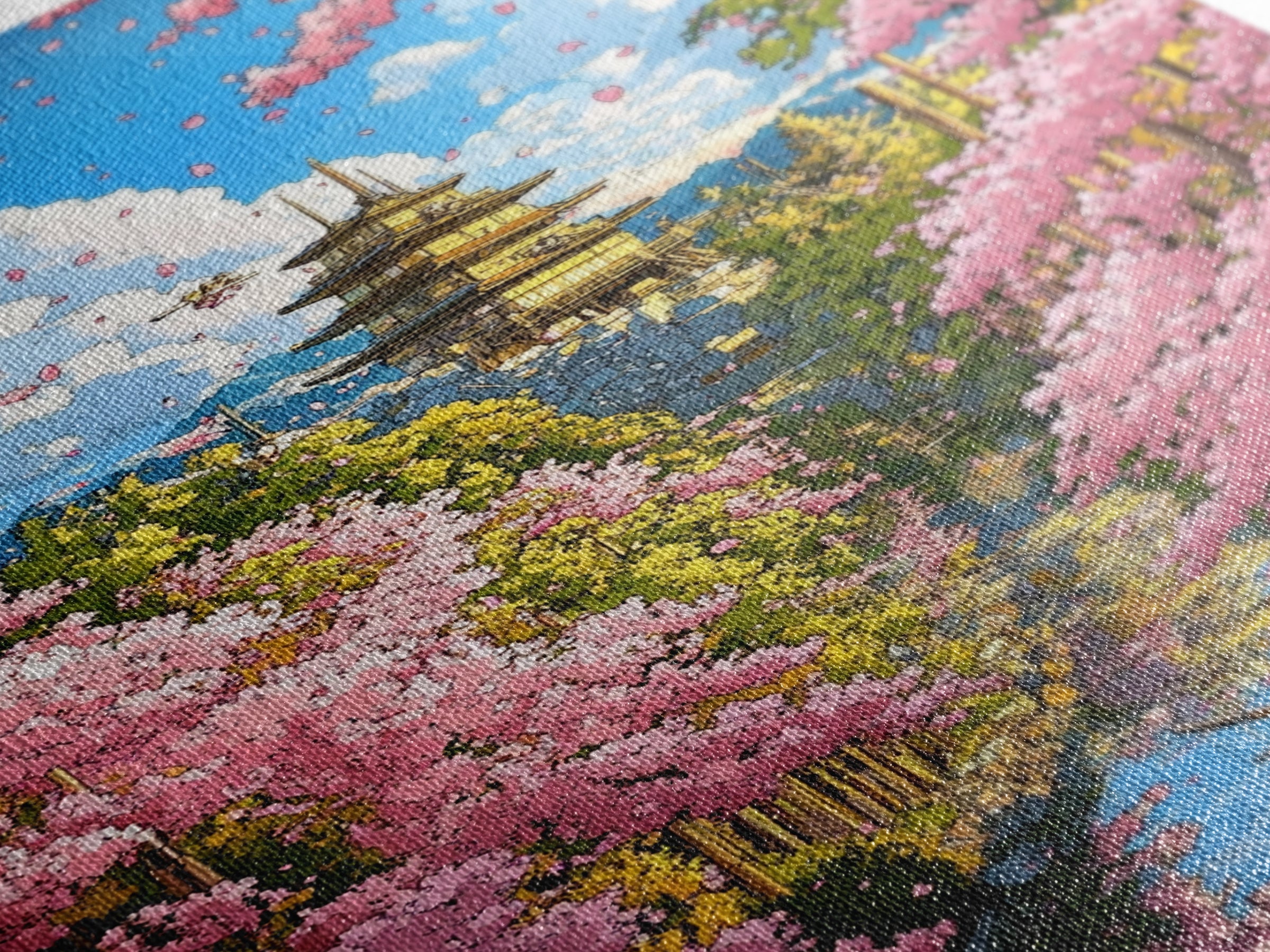 Cherry Blossom Temple Canal Canvas Print, Japanese Wall Art, Spring Landscape, Zen Garden Decor, Colorful Living Room Art