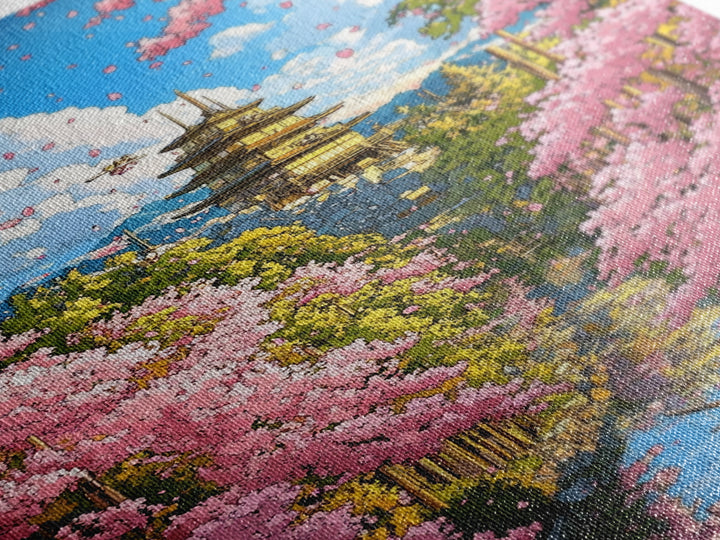 Cherry Blossom Temple Canal Canvas Print, Japanese Wall Art, Spring Landscape, Zen Garden Decor, Colorful Living Room Art