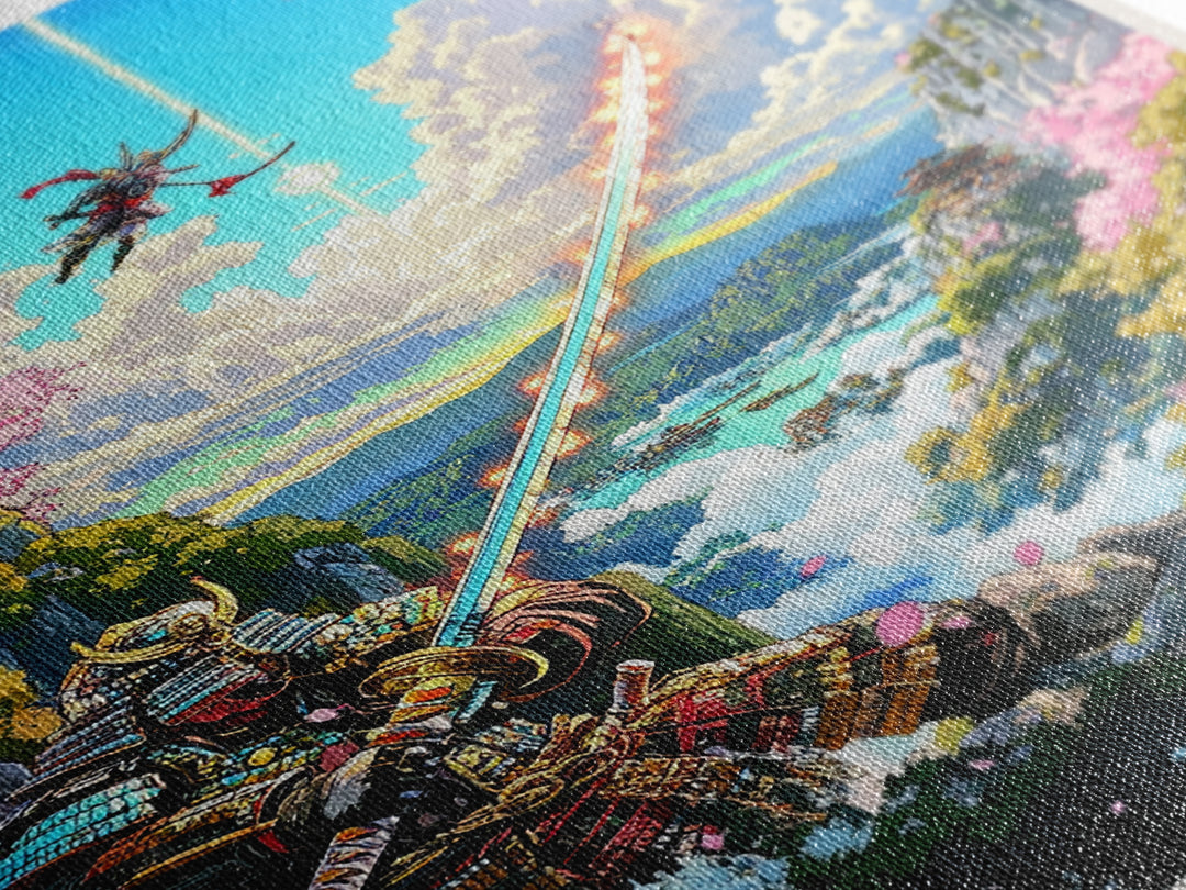 Glowing Sword Samurai Canvas Print, Japanese Wall Art, Fantasy Landscape, Cherry Blossom Decor, Warrior Art, Gaming Room Art