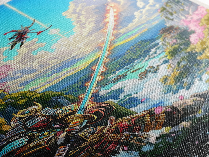 Glowing Sword Samurai Canvas Print, Japanese Wall Art, Fantasy Landscape, Cherry Blossom Decor, Warrior Art, Gaming Room Art