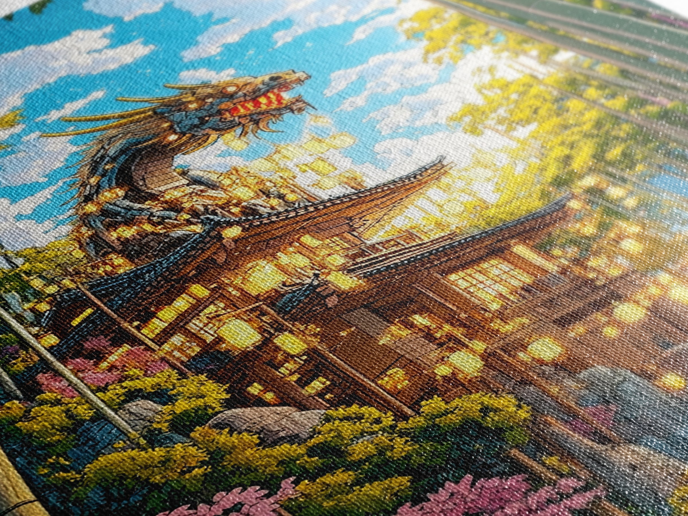 Golden Dragon Pagoda With Cherry Blossoms Canvas Print, Japanese Wall Art, Fantasy Landscape, Asian Home Decor Gift For Her