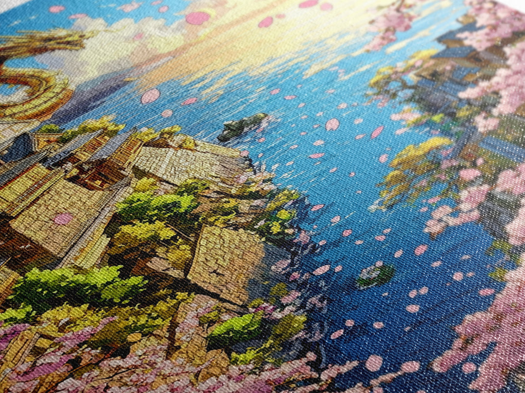 Golden Dragon Over Cherry Blossom Coastal Village Wall Art, Japanese Fantasy Seascape, Ocean Wall Decor Gift, Travel Poster