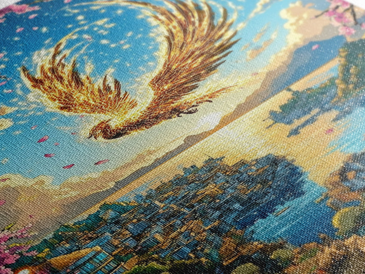 Golden Phoenix Over Harbor At Sunset Wall Art, Cherry Blossom Fantasy Print, Japanese Coastal Decor, Mythical Bird Poster