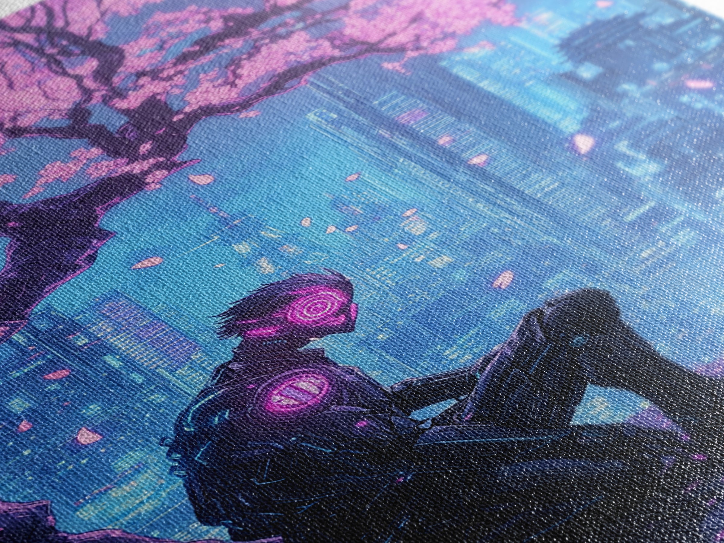 Cyberpunk Samurai Under Sakura Framed Canvas Print, Futuristic City Wall Art, Neon Sci Fi Decor, Gaming Room Wall Decor, Gift For Him