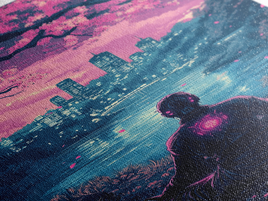 Neon Android Sakura Lake Meditation Wall Art, Cyberpunk Cityscape Print, Pink Cherry Blossom Decor, Sci Fi Bedroom Art, Gaming Room Decor