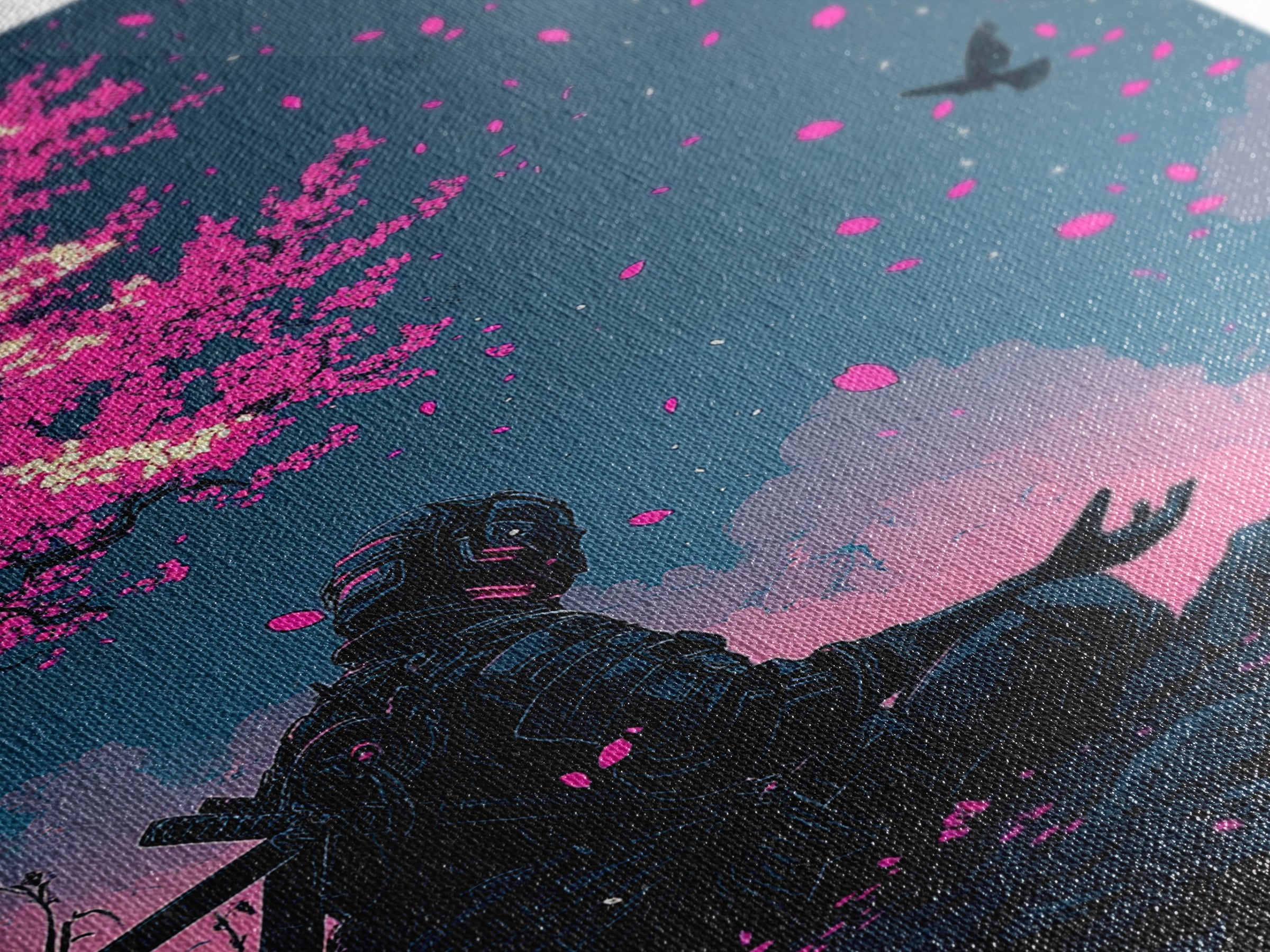 Cyberpunk Warrior Sakura Night Framed Canvas Print, Neon Sci Fi Wall Art, Pink Cherry Blossom Decor, Futuristic Poster, Gift For Him