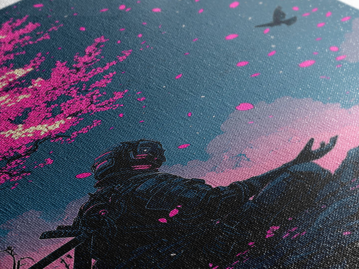 Cyberpunk Warrior Sakura Night Framed Canvas Print, Neon Sci Fi Wall Art, Pink Cherry Blossom Decor, Futuristic Poster, Gift For Him